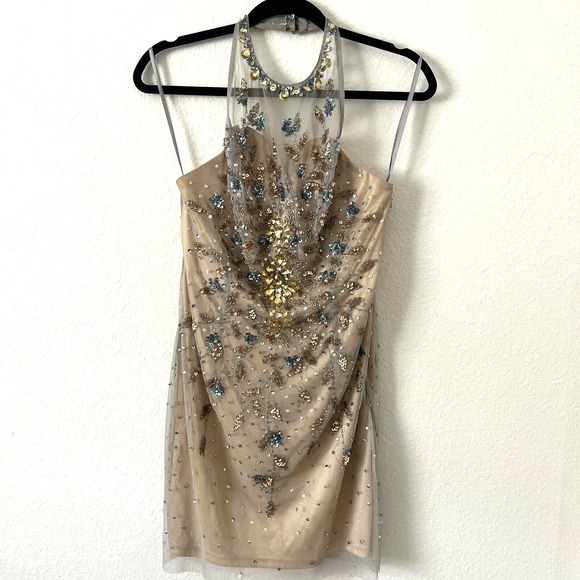 Happy Joe's Dresses & Skirts - Happy Joe's Sz M Halter Sequin Beaded Party Dress Beige Cocktail Hoco Prom Glam